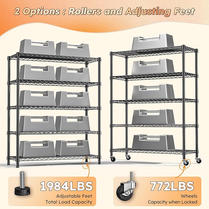 REIBII Storage Shelves with Wheels Wide Wire Shelving Unit with Wheels 75.2"H Tall Metal Shelves for Storage Sturdy Heavy Duty Shelving Deep Pantry Shelves 5 Tier Storage Rack, Keep Organized, 2 Pack