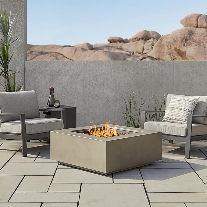 Real Flame Aegean 36”in Square Propane or Natural Gas Fire Pit Table, 50,000 BTU, Powder-Coated Steel, Push-Button Ignition, CSA Certified, Lava Rock, Storage Cover, Stainless Steel Burner with Lid
