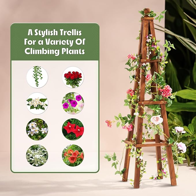 Idzo 61-Inch Wood Obelisk Trellis for Climbing Plants, Outdoor & Indoor Garden Decor, Light Brown, Durable, Space-Saving, Easy Assembly, Ideal for Patio & Yard β Upgraded 2025
