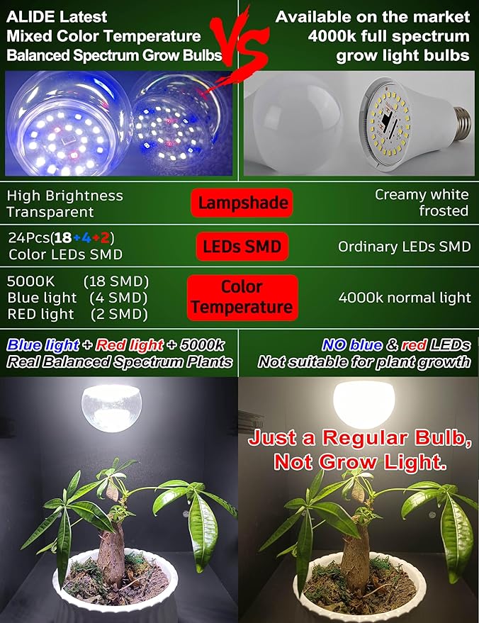 Full Spectrum Small Base E12 Candelabra Plant Grow Light Bulbs,Red Blue Yellow 5000K White Plant Growing Lamp Bulbs 10W with Balanced Spectrum for Indoor Seeds Greens Laboratory,School,Greenhouse,2Pcs