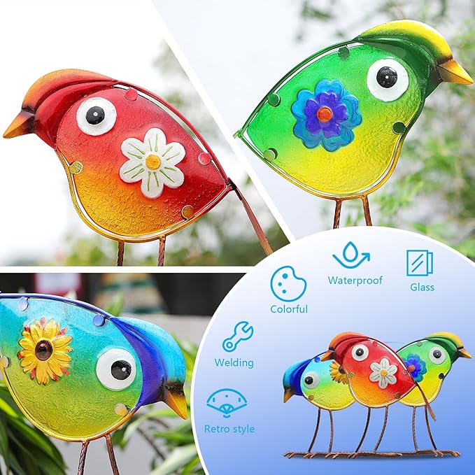 Bird Garden Decor for Outside, Glass & Metal Yard Art Decorations Outdoor Decor for Patio Backyard, Gift for Women Grandma Mom(3 Pack)