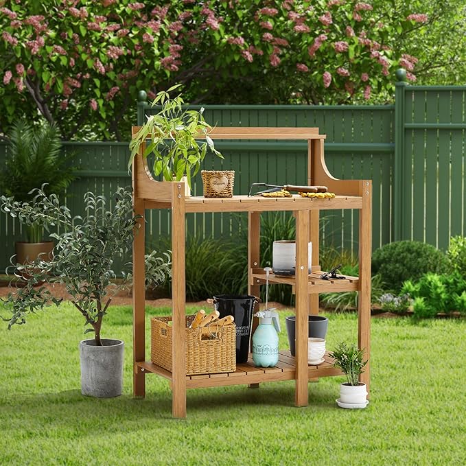LMP Potting Bench, HDPS Potting Bench Table, 50’’x17.5x37.5' (LxWxH) All Weather Potting Table Work Station for Outside Gardening, Like Teak Wood