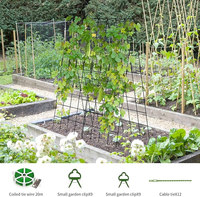 Cucumber Trellis 2 Pack, 59" H Foldable A-Frame Garden Trellis for Raised Bed Garden Grow Support with Plant Support Clips, Twist Ties for Cucumber,Tomato, Climbing Plants and Flowers