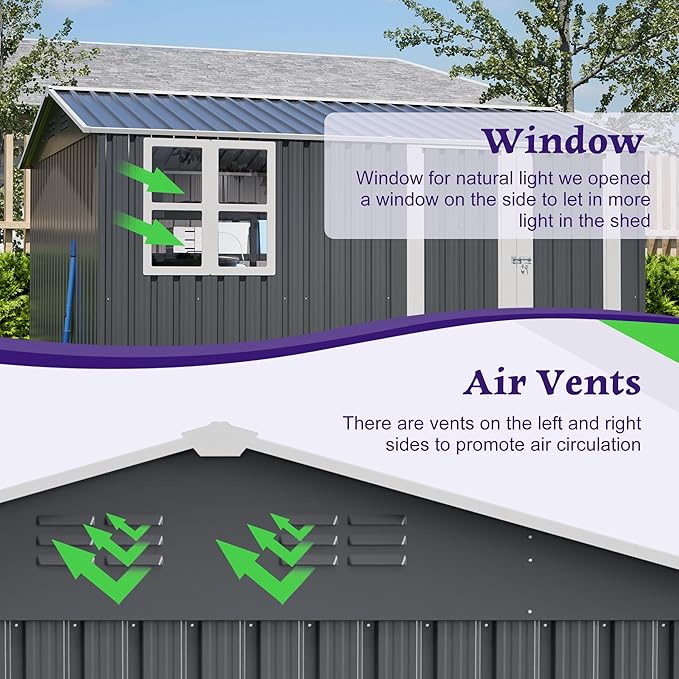 10X8 FT Outdoor Storage Shed,Metal Shed W/Window,Floor Frame & Lockable Swing Door,Garden Tool House W/ 4 Air Vents & Sloped Roof,for Backyard Patio Lawn,Gray
