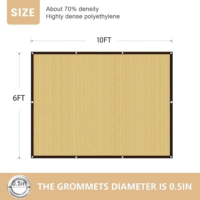 QNLONG Shade Cloth for Garden, 90% Beige Shade Net Mesh Tarp with Grommets Sun Shade Cover Tear Resistance for Plants Greenhouse Chicken Coop Vegetables Pergola 6X10FT
