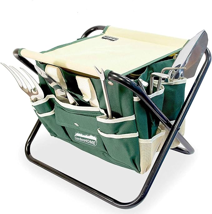 GardenHOME 7-Piece Gardening Tool Set – Stainless Steel Hand Tools with Wooden Handles, Folding Stool, and Canvas Tote Bag, Yard Maintenance Kit for Gardeners, Women, and Beginners