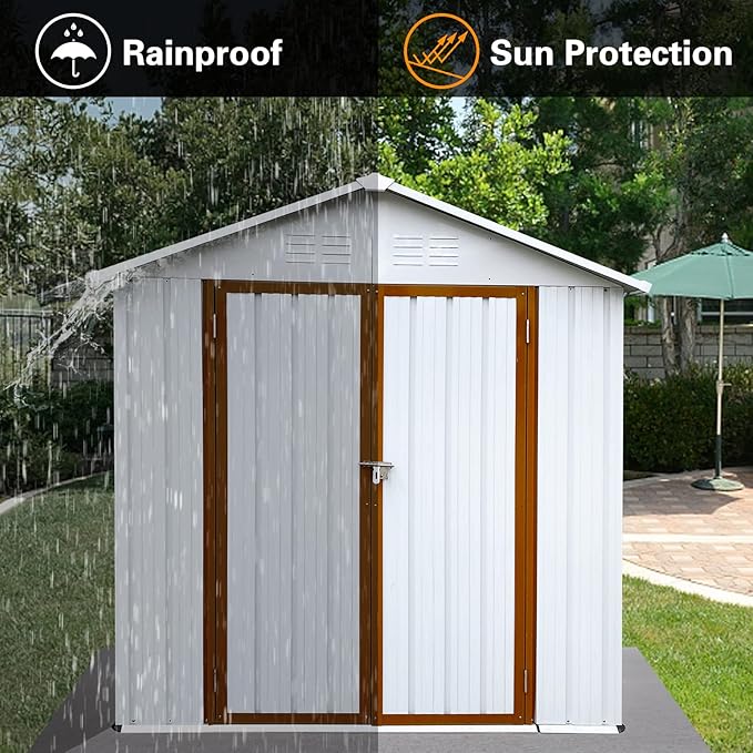 4x6 FT Outdoor Metal Storage Sheds with Apex Roof,Single-Storey Waterproof Roofed Structure Garden Shed w/Lockable Doors,for Lawn Equipment Tool Sundries,White+Yellow