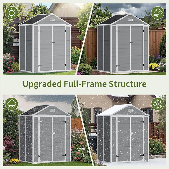 6×5 Light Grey Resin Outdoor Storage Shed with Floor Included & Window – All-Weather Lockable PP Plastic Garden Shed for Garden, Patio, Backyard | Stores Lawn Mowers, Bikes & Tools