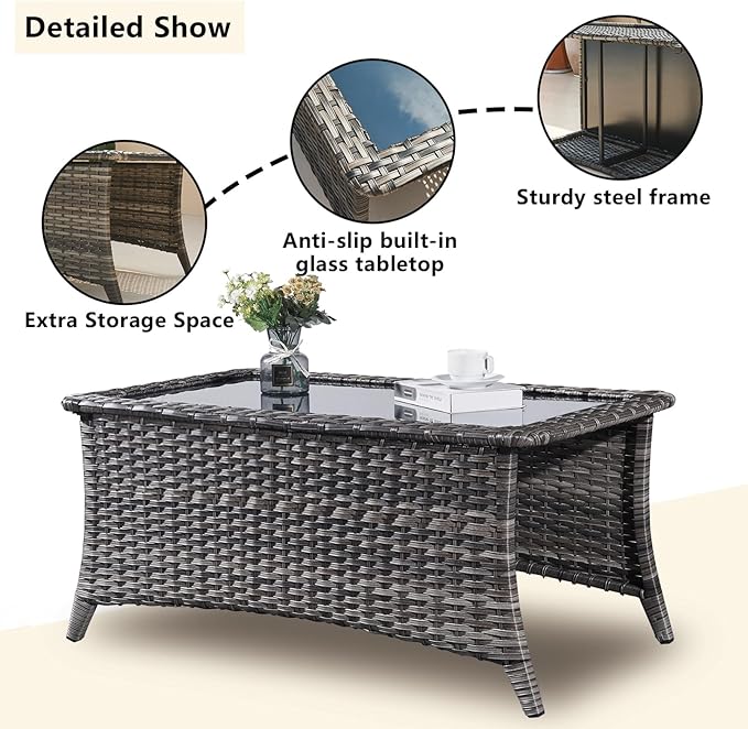 Wicker Outdoor Patio Furniture Set - 8 Piece Patio Conversation Sets with Swivel Rocker Chairs, Ottomans, Sofa and Coffee Table, 6 inch Cushions, Deep Seating, for Porch Deck Mixed Grey/Grey