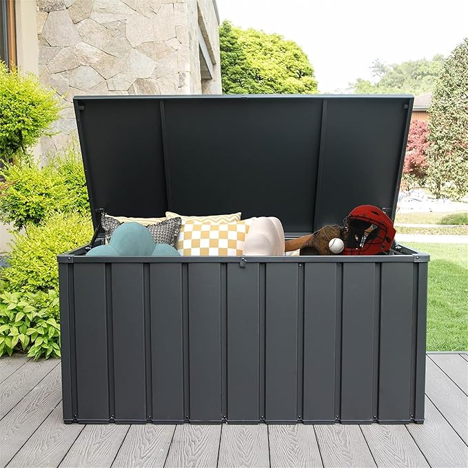 CHUNLY 120 Gallon Metal Deck Box, Waterproof Outdoor Patio Storage Box for Outside Cushions, Pool Supplies, Garden Tools, Lockable (Dark Gray)