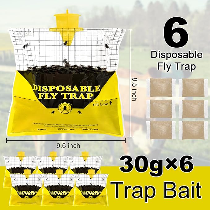 Glovv Fly Traps Outdoor Hanging with Bait, 6 Pack Disposable Flies Bags Hunter Ranch Trap, Control Bug Catcher Killer Repellent for Stable Horse Barn & Farm