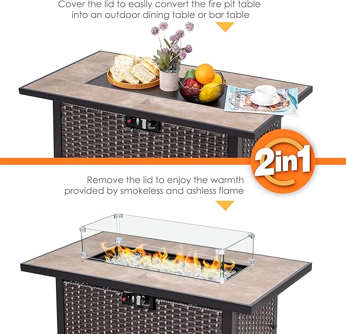 Nuu Garden 43" Propane Fire Pit Table, CSA Certified 50,000 BTU Outdoor Patio Propane Fire Pit Table with Fire Pit Wind Guard, Removable Lid, Ceramic Tabletop, Water-Proof Oxford Cover, Dark Brown