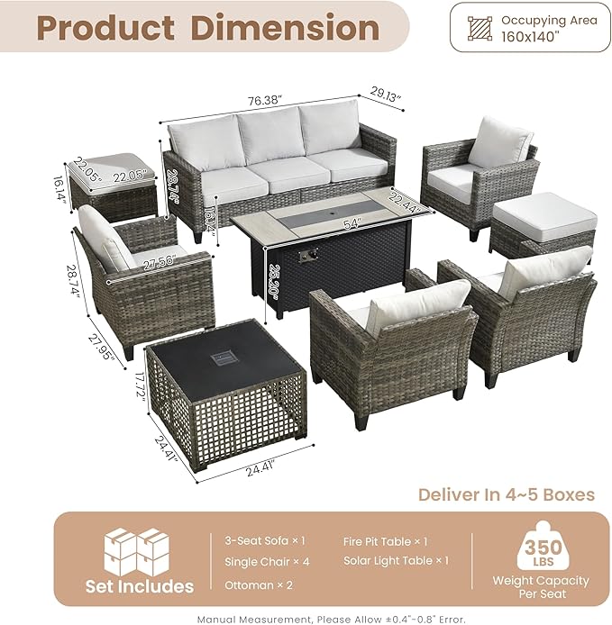 HOOOWOOO Outdoor Patio Furniture Set,9 Pieces Wicker Conversation Set,All Weather Couch Set with Fire Pit Solar Light Table Chairs Ottoman 9 Seaters for Out Door Yard(Light Gray)