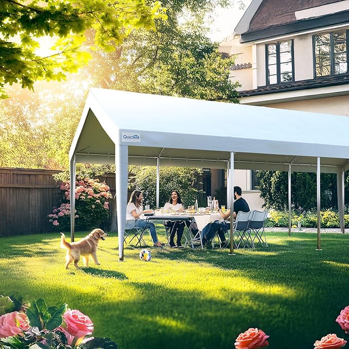 Quictent Heavy Duty 13x25 ft Carports with Side Zipper Doors & Snowproof Steel Cables & Ventilated Windows, Waterproof Storage Shelter for Car, Boat, RV, Outdoor Equipment, White