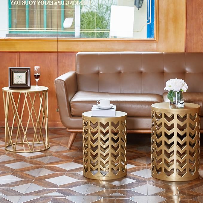 Y&M Nesting Side Table, Set of 3 Stacking Coffee Tables for Living Room End Tables, Outdoor Decorative Garden Stool with Heavy Duty Modern Industrial Decor - Gold (Ship from US)
