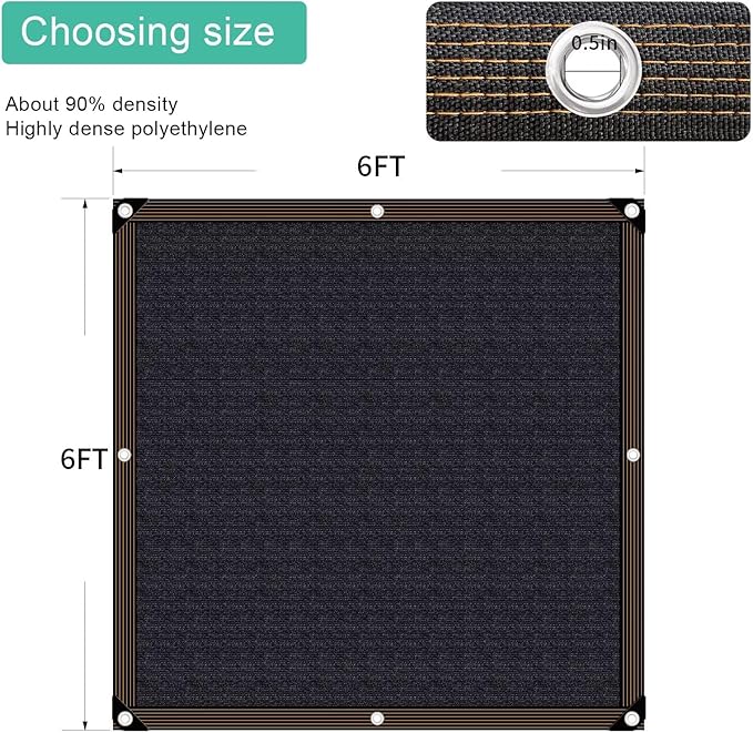 QNLONG Shade Cloth for Garden, 90% Black Shade Net Mesh Tarp with Grommets Sun Shade Cover Tear Resistance for Plants Greenhouse Chicken Coop Vegetables Pergola 6x6FT