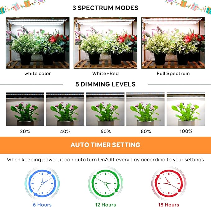 6 Bars Grow Light Strips for Indoor Plants with Auto ON/Off Timer 6/12/18H, 5 Dimmable Levels for Shelves Plant Growing(Pack 2)