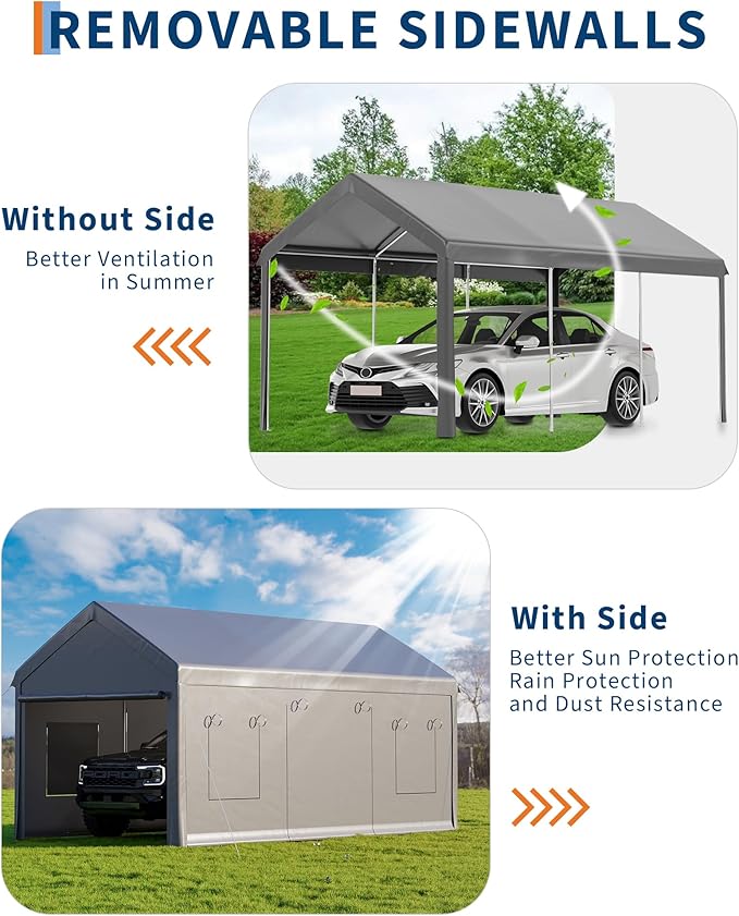 10x20ft Heavy Duty Carport with PE Fabric and Galvanized Steel Frame,Portable Garage with Roll-Up Doors and 4 Windows,Car Canopy with All-Season Tarp for Car, Truck, Boat.