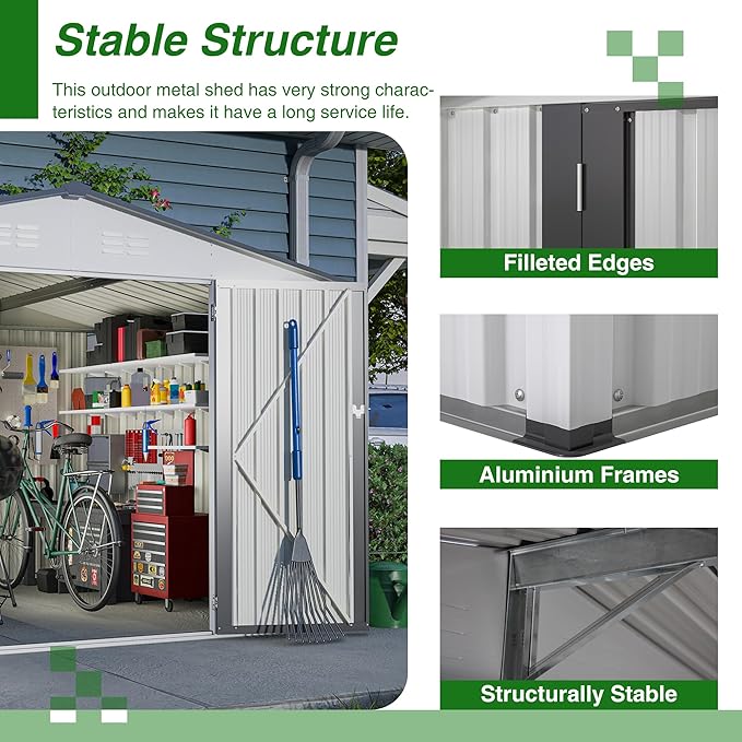 10X8 FT Outdoor Storage Shed, All Weather Metal Sheds with Lockable Doors, Tool Shed for Garden, Patio, Backyard, Lawn (White, 10x8ft)