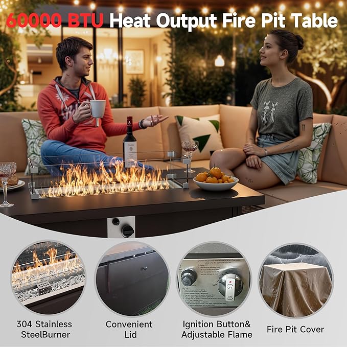 7 Pieces Patio Furniture Set with Propane Fire Pit Table, Outdoor Sectional Wicker Sofa with Cushions and Coffee Table, High Back Rattan Patio Conversation Sets, Khaki