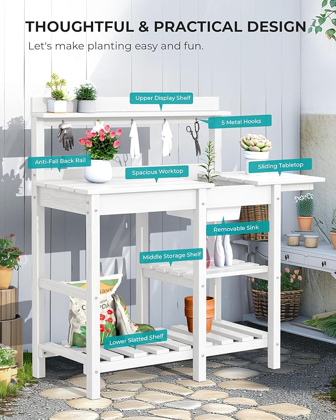SERWALL Potting Table Set of 2 for Outside All Weather Use- White