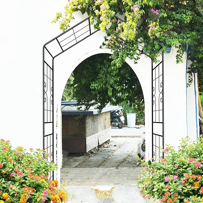 Metal Garden Arch 94.5" H Garden Arbor Trellis Climbing Plants Support Lines Pattern Arch Outdoor Lawn Wedding Party Events Archway Black