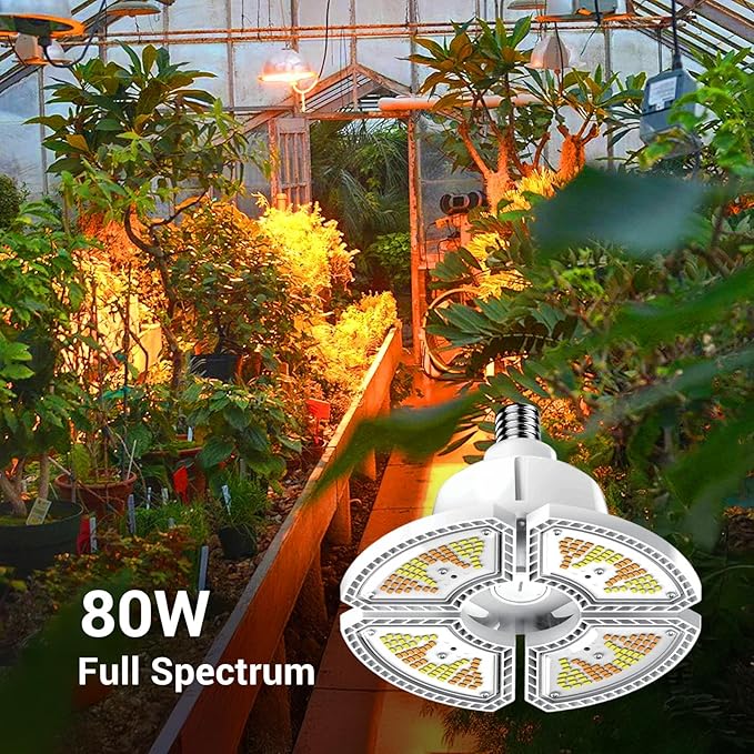 RDJ Bouns 80W Grow Light Bulb, E26 Base Foldable Sunlike Full Spectrum, 12791 Lumen High PPFD, UFO Grow Lights Waterproof, Ideal for Greenhouse, Grow Tent, Hydroponics, Indoor Garden