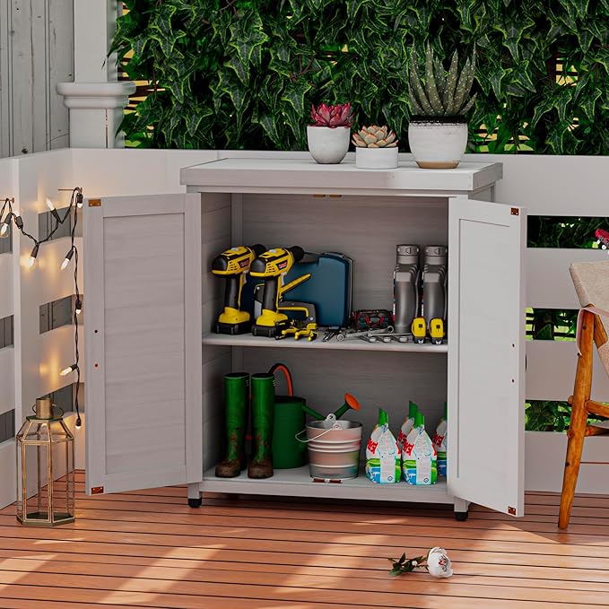 Outdoor Storage Cabinet Garden Potting Bench Table with Metal Tabletop, Solid Wood Planting Work Bench Table for Backyard Patio Lawn, 31×18×36" (Grey)