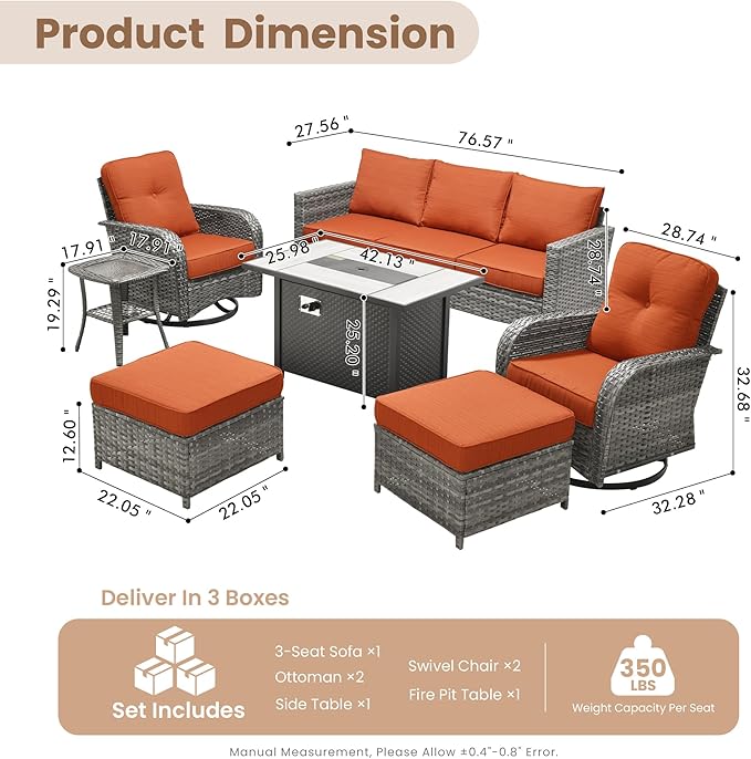 HOOOWOOO Outdoor Patio Furniture Set,7 Pieces Wicker Conversation Set,All Weather Couch Set with Fire Pit Table Swivel Chairs Ottoman 7 Seaters for Out Door Yard(Brick Red)