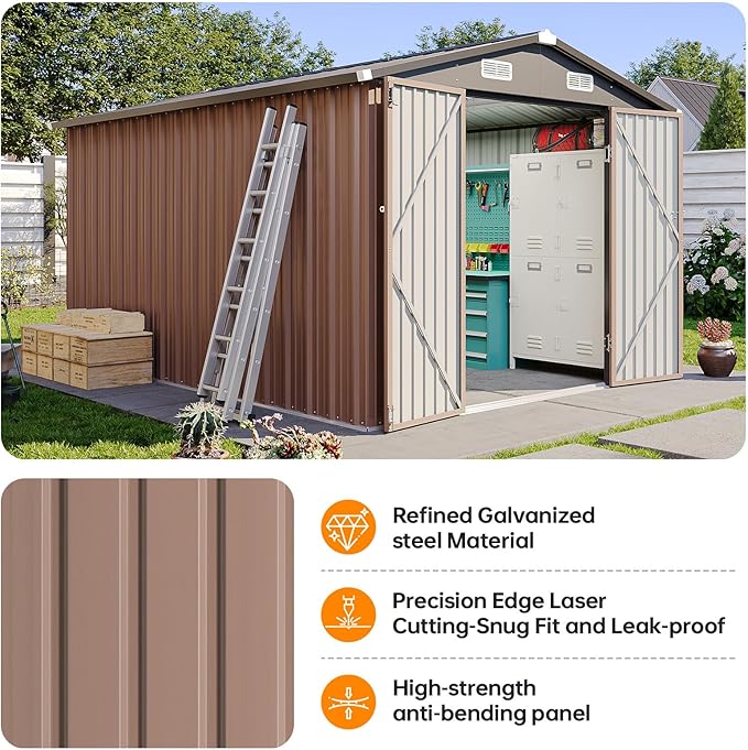 8x12 FT Metal Outdoor Storage Shed, Dual Doors with Lockable Bolts, Large Garden Shed for Yard Tools, Bike, Generator, Waterproof Galvanized Steel Panel with Vent & Sloping Roof(Brown)