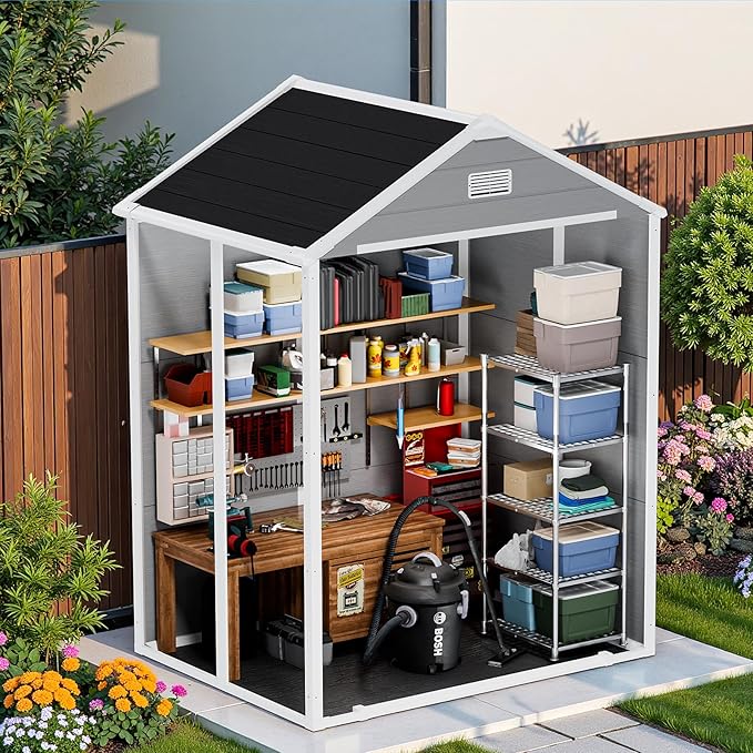 6×5 Light Grey Resin Outdoor Storage Shed with Floor Included & Window – All-Weather Lockable PP Plastic Garden Shed for Garden, Patio, Backyard | Stores Lawn Mowers, Bikes & Tools