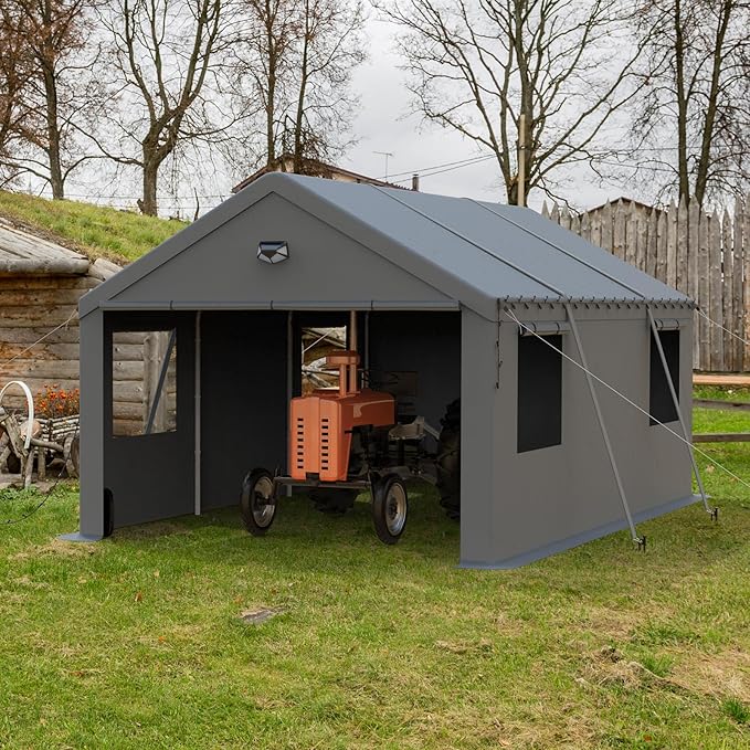 12x20 Carport, Heavy Duty Carport Canopy Garage with Removable Sidewalls and Drive Through Roll Up Zipper Doors, Grey