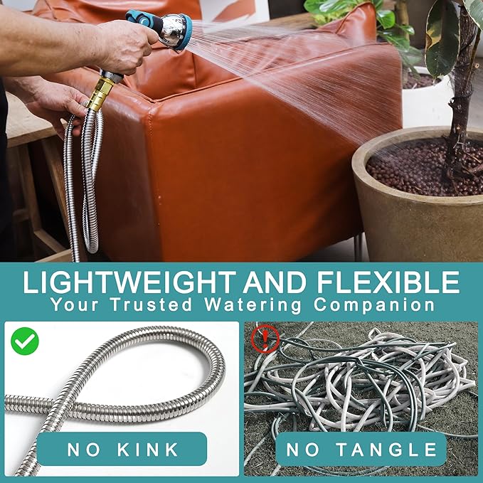 75FT Garden Hose, 304 Stainless Steel Water Hose, Flexible with a 10-Mode Nozzle Sprayer, No Kink, Lightweight, Puncture Proof, Ideal for Yard, Lawn, Outdoor, 5/8'' Outside Diameter