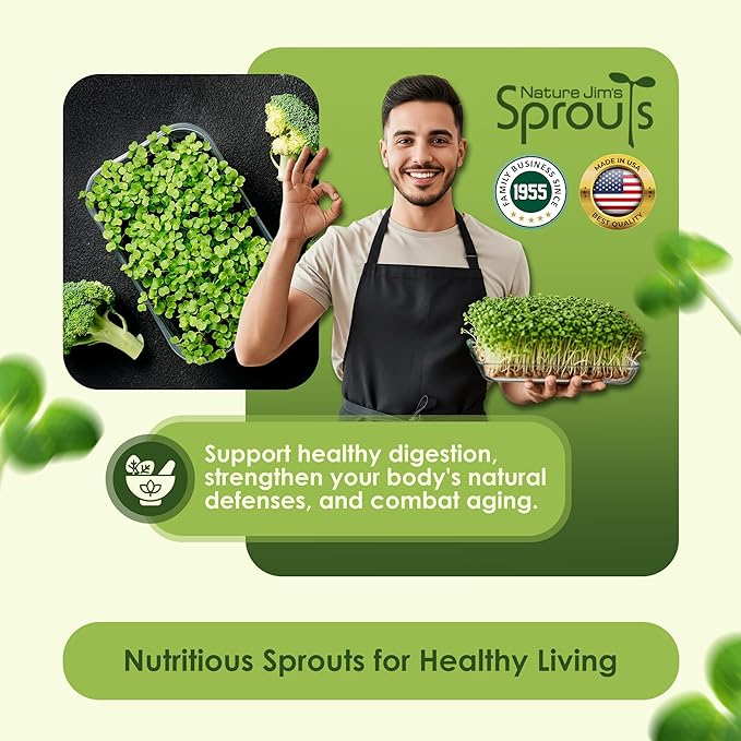 Nature Jims Sprouts Organic Broccoli Seeds for Sprouting – Certified Non-GMO, Rich in Sulforaphane, Swift-Growing Microgreen Seeds for Nutritious Broccoli Sprouts – Ideal for Indoor/Outdoor Use – 8oz