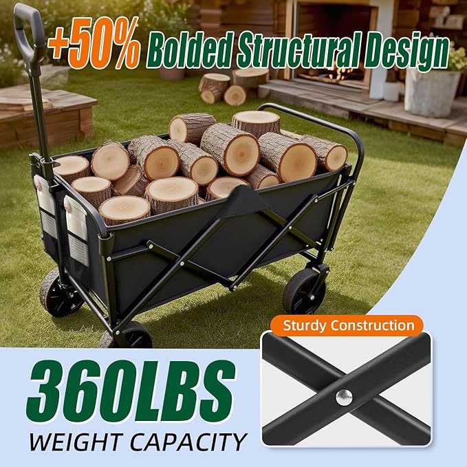 Collapsible Wagon Cart Foldable 360lbs Capacity, Lightweight Portable Beach Wagon, Shopping Carts with Wheels for Grocery, Camping, Shopping, Beach, Fishing, Garden Cart