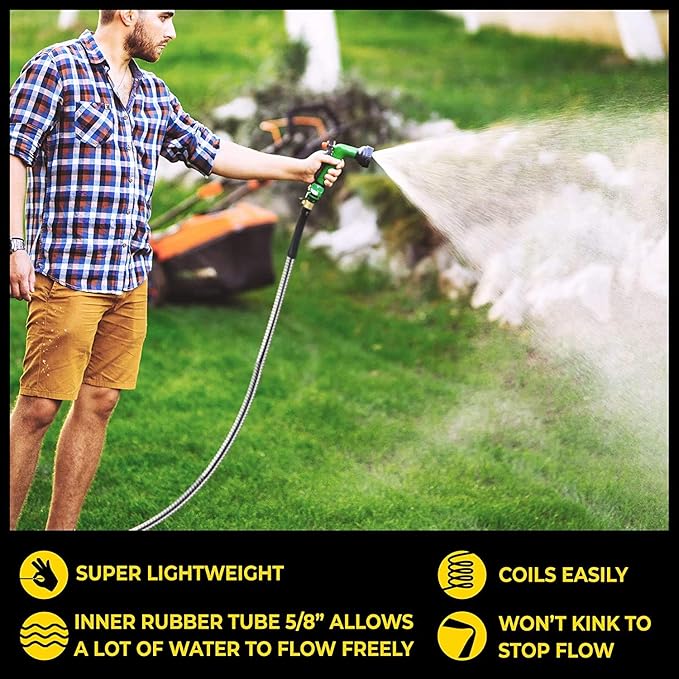Bionic Steel Pro 25 FT Garden Hose with Nozzle, 304 Stainless Steel Metal Water Hose 25Ft, Flexible Hose, Kink Free, Lightweight and Durable, Crush Resistant Fitting, Easy to Coil, 500 PSI 2025 Model