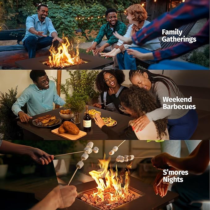 EAST OAK 28โ Outdoor Propane Fire Pit Table | 52,000 BTU Gas Fire Pit for Outside with Easy-Hook Lid, Mesh Pocket & Lava Rocks | CSA Certified | Ideal for Patio, Garden & Backyard | Brown