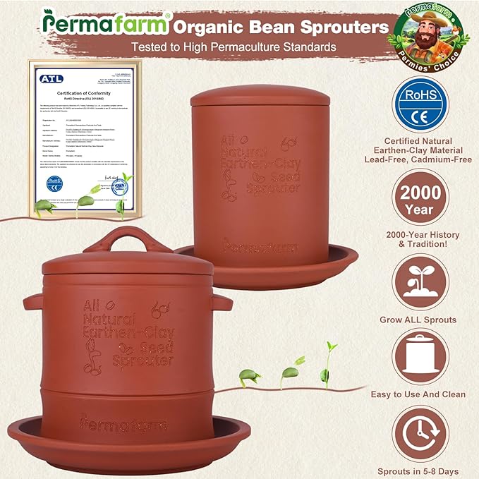 Permafarmยฎ Organic Bean Sprouter, Natural Earthen-Clay Mung Bean Sprouter, Sprouts Growing Kit for Soybeans, Broccoli, Alfalfa & More | Lead-Free, Cadmium-Free (Small Size for Individuals or Couples)