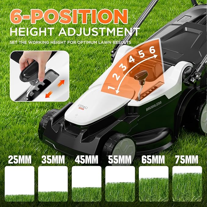 Litheli 16.1" Electric Lawn Mower Cordless, Brushless Lawnmower with 6-Height Adjust and 2 x 4.0Ah Batteries, for Garden and Yards