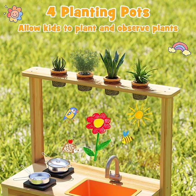 HONEY JOY Mud Kitchen, Fir Wood Outdoor Play Kitchen for Toddlers, 4 Planting Cups, Cookware, Faucet & Sink, DIY Acrylic Board & Blackboard, Storage, Mud Table, Mud Kitchen for Kids Outdoors, Natural