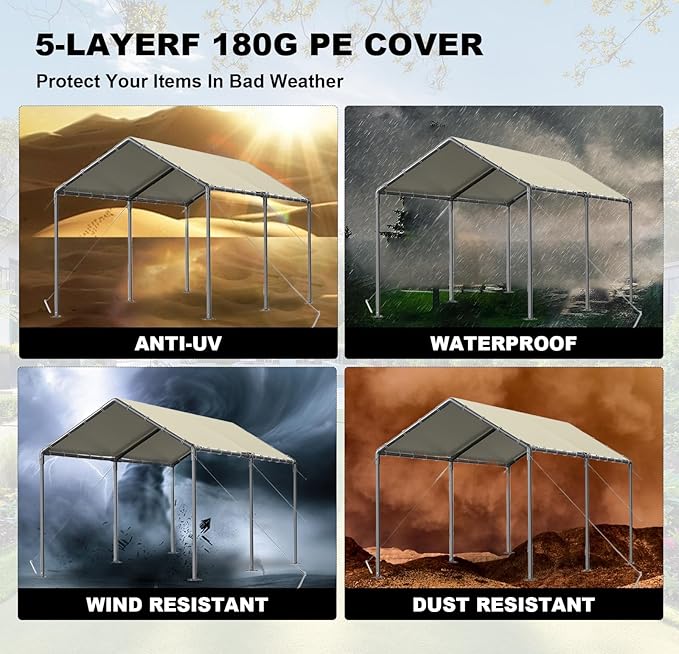 Carport, 10x20ft Heavy Duty Portable Garage, Car Port with Storage Shed, Car Canopy Car Tent with Steel Frame All-Season Tarp for Car, Truck, Boat, Party (B-Rice)