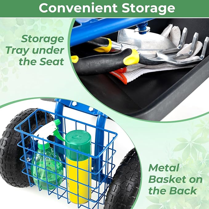 S AFSTAR Rolling Garden Cart, Wagon Scooter with 360° Swivel Seat, Storage Tray, Basket & Rubber Wheels, Heavy-Duty Gardening Tool Cart for Weeding, Patio & Yard (Blue)