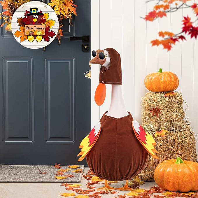 Porch Goose Outfits Turkey with Accessories Yard Garden Lawn Goose Clothes for Plastic Cement Goose Statue 23" H Large Fall Autumn Thanksgiving Porch Goose Costume Set for Patio Outdoor Decoration
