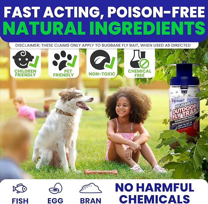 Fly Traps Outdoor Fly Trap for Patio with 2 Non-Toxic Dissolvable Bait Refills. Reusable Hanging Bug Catcher Killer for All Filth Flies for Outside Bug Control Yard Ranch. Hanging Chains Included