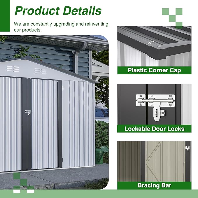 10X8 FT Outdoor Storage Shed, All Weather Metal Sheds with Lockable Doors, Tool Shed for Garden, Patio, Backyard, Lawn (White, 10x8ft)