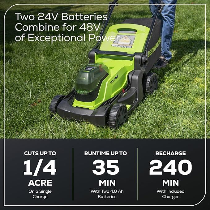 Greenworks 48V (2 x 24V) 17" Brushless Cordless Push Lawn Mower, Includes (2) 4.0Ah Batteries and Dual Port Rapid Charger((125+ Compatible Tools, 45Min Runtime)
