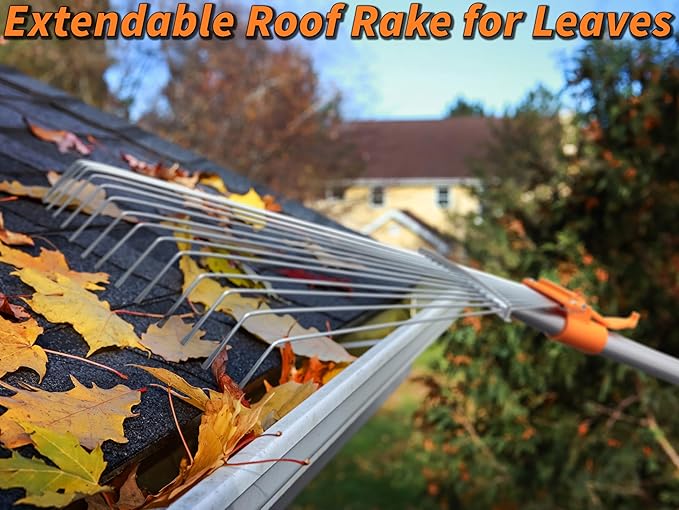 4-12 Telescoping Roof Rake 20 ft Reach // Collapsible Roof Rake for Leaves and Pine with Extension Pole // Roof Cleaning Tool for Gardening and Lawns // High Reach Adjustable Metal Leaf Raker