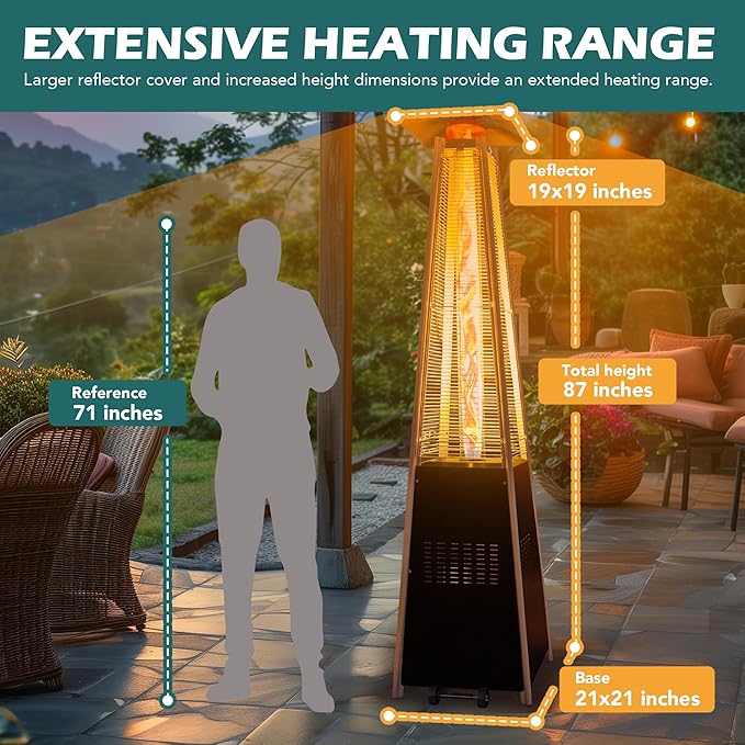 48,000 BTU Flame Pyramid Pool Heater, Triple Safety Protection Portable Patio Heater with Patio Cover, Warm Glass Tube with Durable Wheels-Black