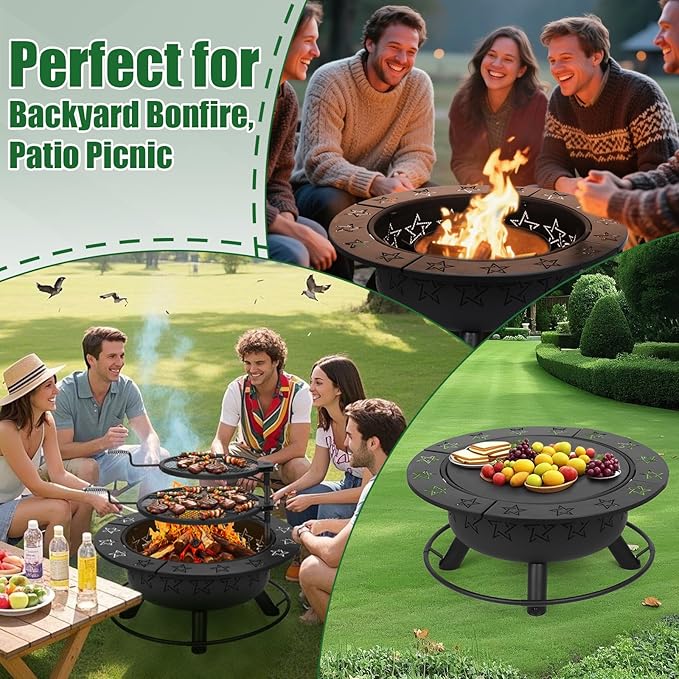 32.5" 3-in-1 Fire Pit Table with Dual Grills – Wood Burning Firepit for Outside Cooking, BBQ Grate & Round Patio Table – Includes Charcoal Pan, Log Rack,Poker & Lid for Backyard, Garden