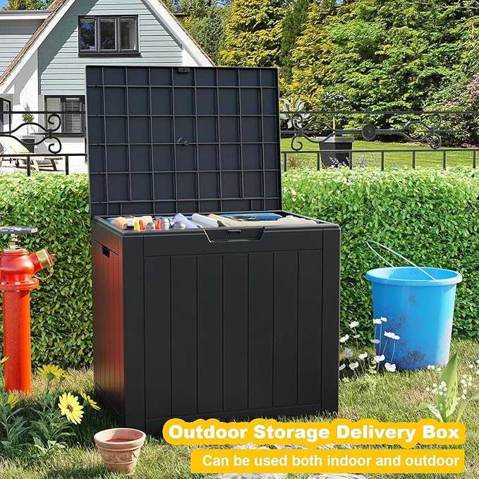 30 Gallon Outdoor Storage Box, UV Resistant Outdoor Storage Box Waterproof, Lockable Resin Deck Box for Garden Tools Equipment and Cushions, Black